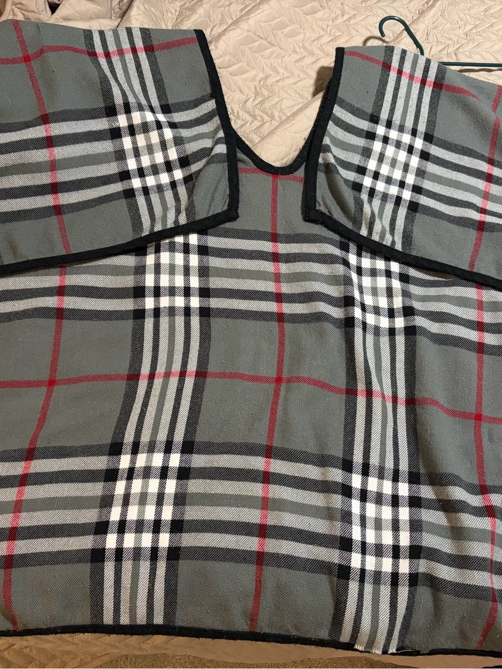 Plaid Poncho with Contrast Trim - Gray, Black, White, Red